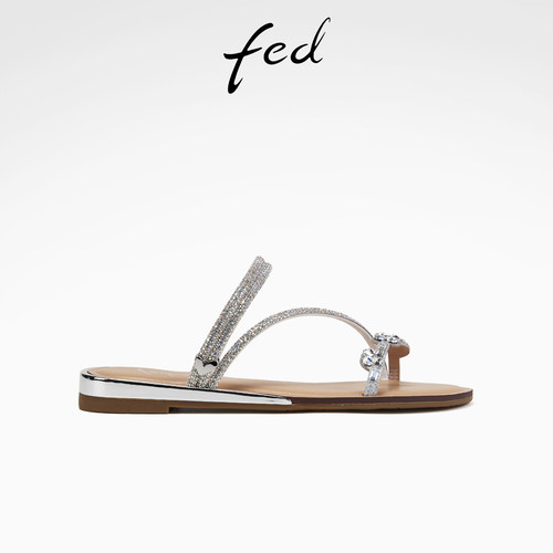 fed一字带凉拖夏季新款女鞋银色拖鞋水钻平底沙滩鞋女S0331-YA260