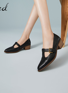 fed粗跟单鞋女2023年春季新款英伦复古尖头玛丽珍鞋女R0201-ZC003