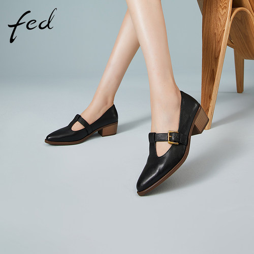 fed尖头粗跟单鞋女中跟鞋