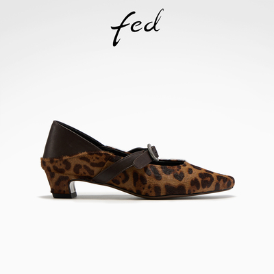 fed豹纹玛丽珍鞋春季新款女鞋野迹锁环单鞋低跟时尚芭蕾鞋女YA090