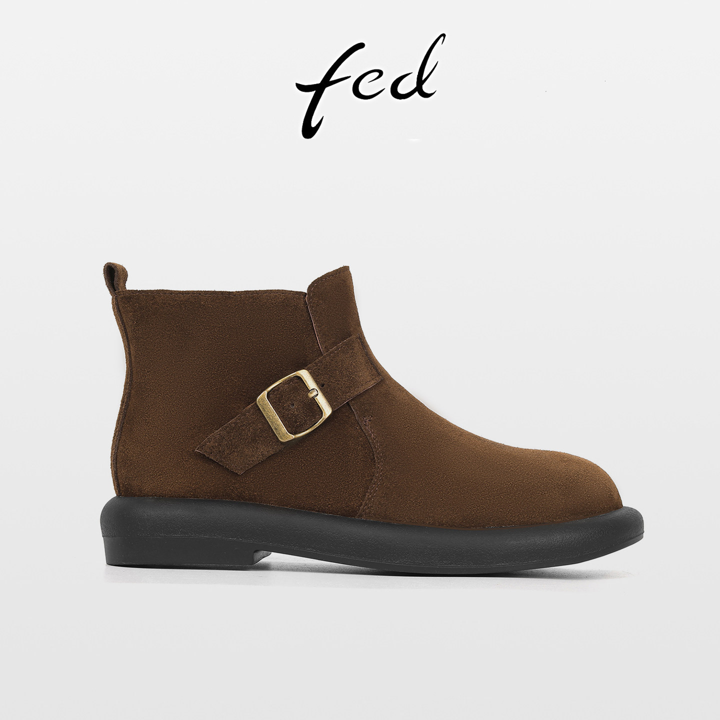 fed复古磨砂牛皮厚底皮带扣马丁靴女及踝靴秋冬新款中跟圆头短靴