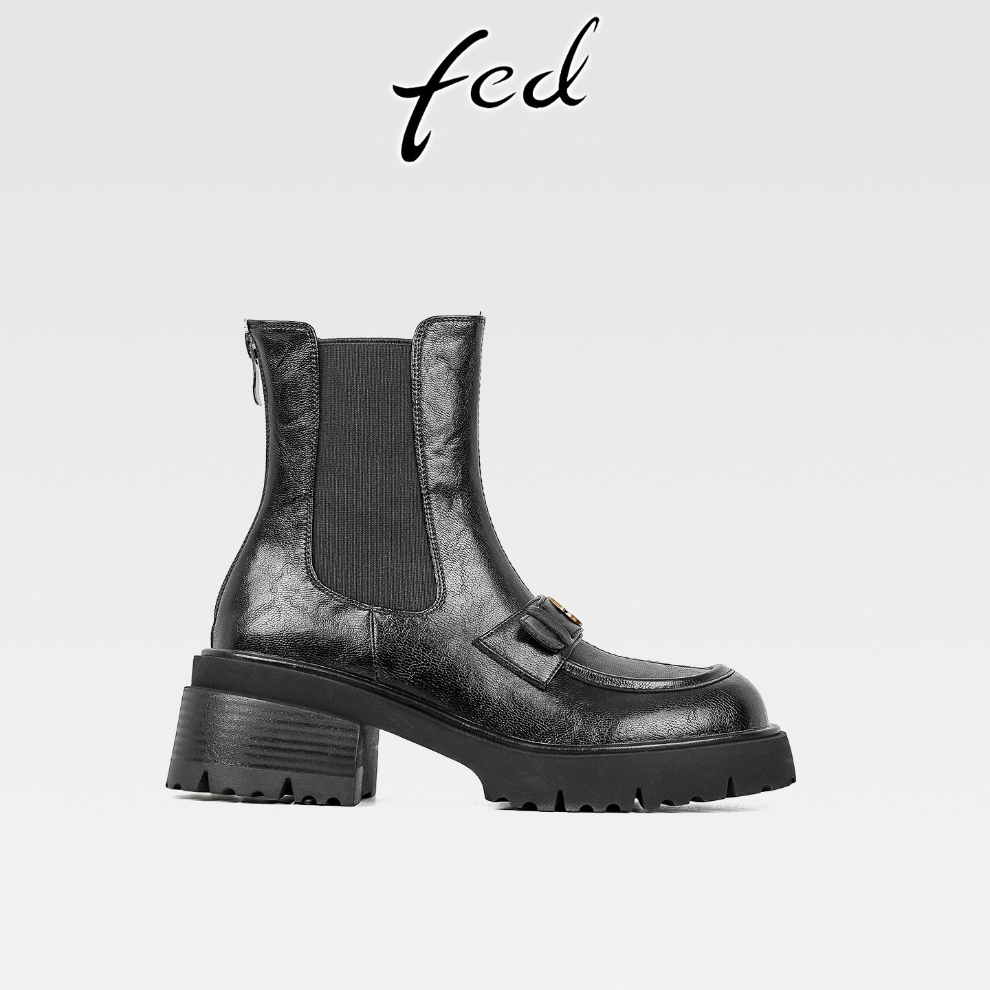 fed真皮粗跟厚底山茶花切尔西短靴女秋冬款后拉链中跟圆头马丁靴