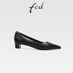 fed法式复古风真皮粗跟职业通勤单鞋女一脚蹬中跟尖头浅口小皮鞋