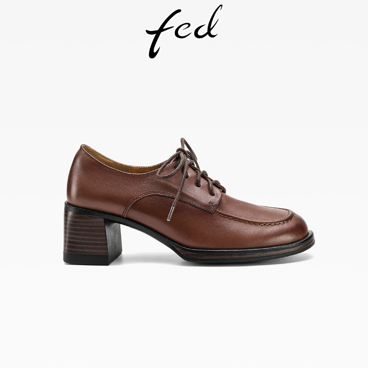 fed新款高跟防水台英伦风复古皮鞋女式棕色牛皮粗跟系带深口单鞋