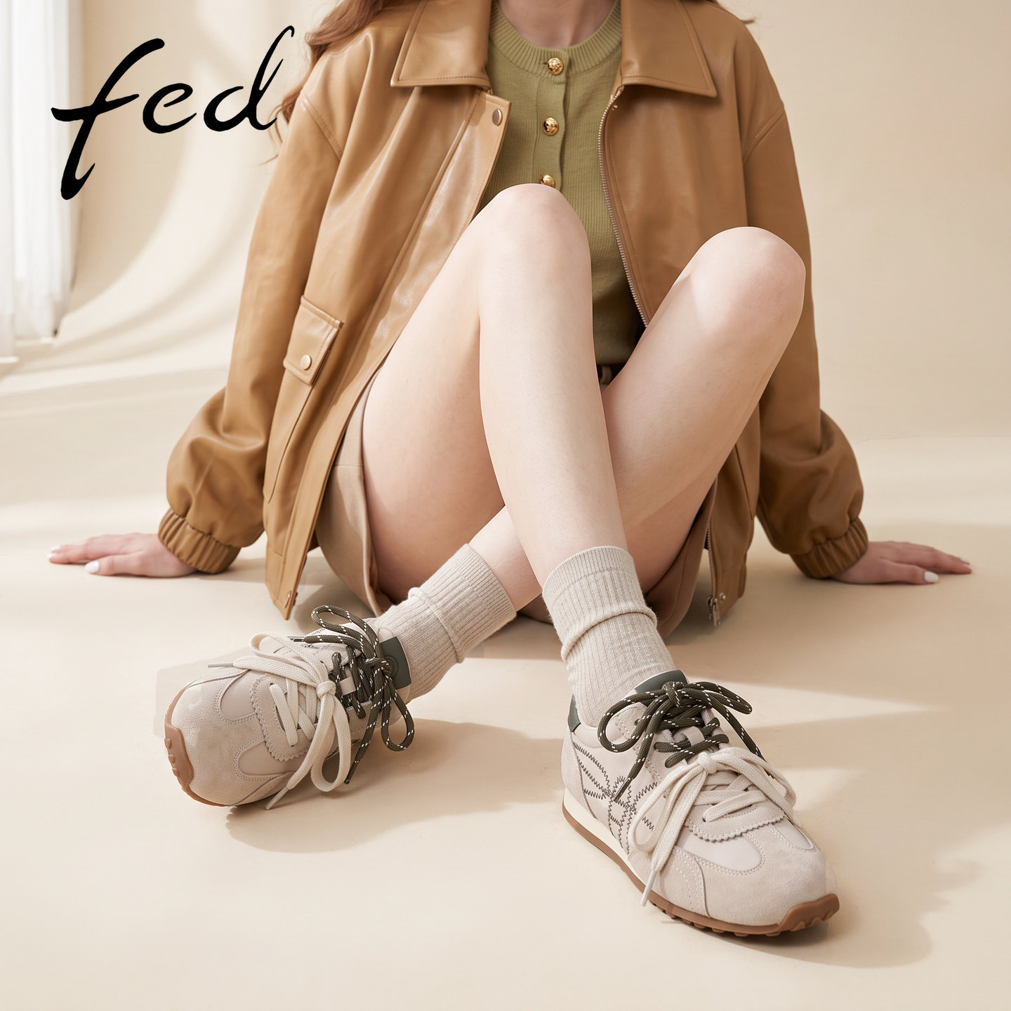 fed撞色软底德训鞋内增高女秋季