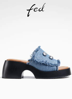 fed厚底凉鞋夏季新款女鞋时尚牛仔布一字带凉拖鞋女款R0724-YA025