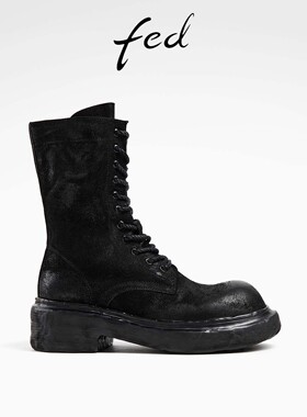 fed粗跟马丁靴秋季新款女靴黑色中筒靴做旧机车靴女款D0914-YA551
