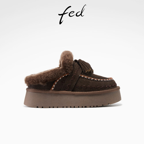 fed厚底勃肯鞋冬季新款女鞋加绒雪地靴毛毛拖鞋女款S1028-YAB156