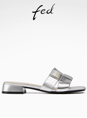 fed粗跟凉拖鞋夏季新款女鞋银色真皮一字带外出拖鞋D0518-YAB682