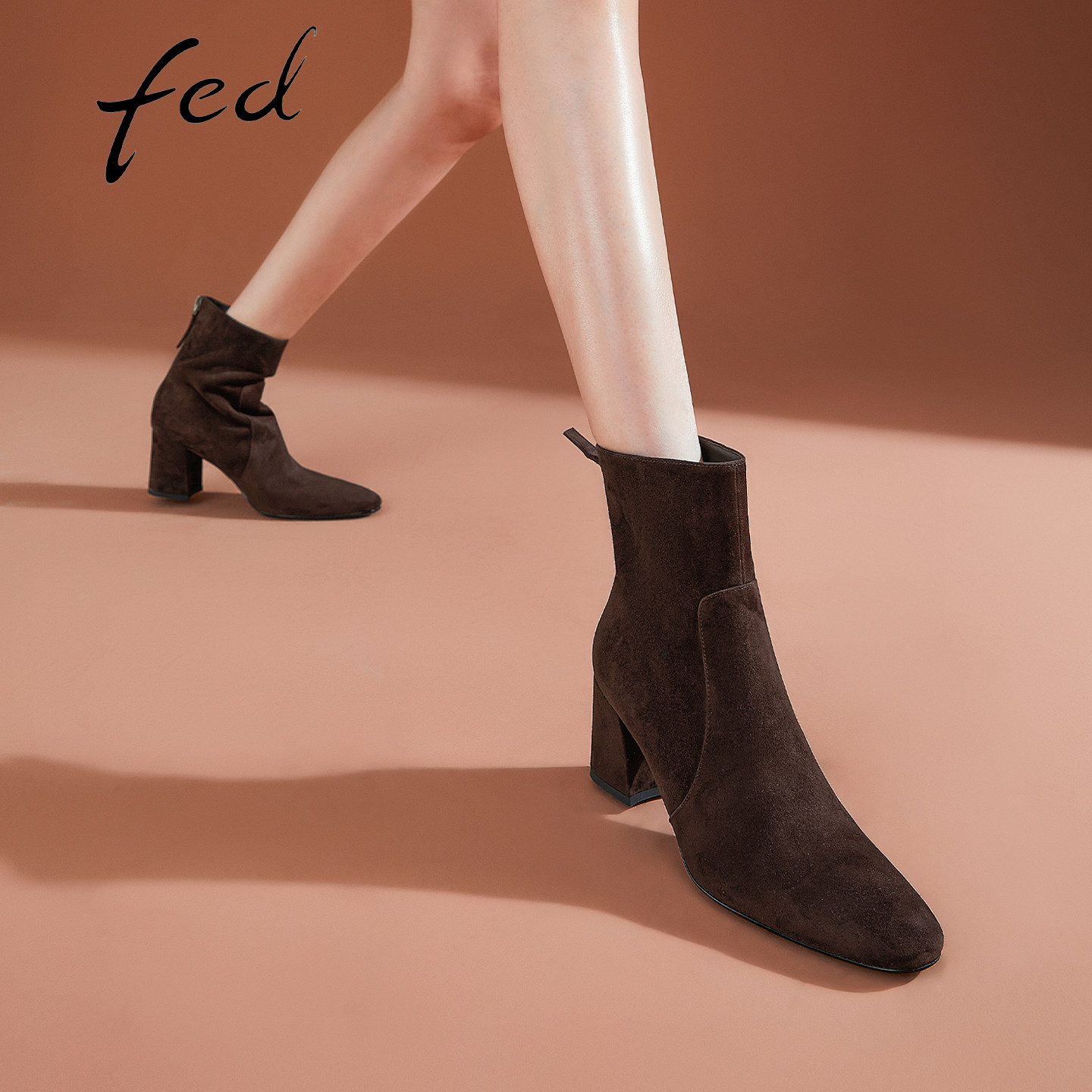 fed真皮粗跟方头增高短靴女