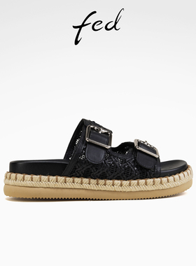 fed编织一字拖夏季新款女鞋黑色厚底拖鞋真皮勃肯凉拖女款S-YA081