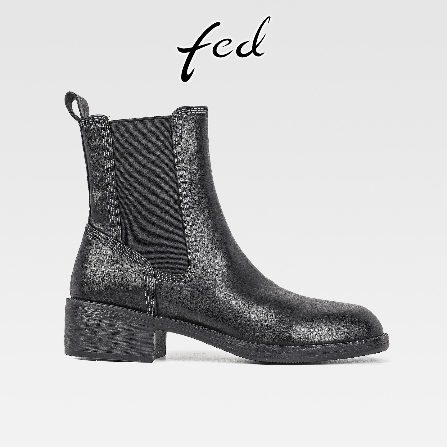 fed英伦风真皮粗跟切尔西靴女厚底烟筒靴秋冬款中跟圆头瘦瘦短靴