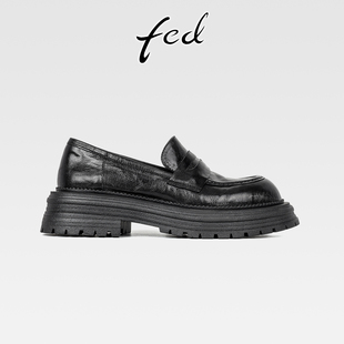 fed英伦风真皮厚底乐福鞋女复古棕色小皮鞋一脚蹬圆头深口单鞋