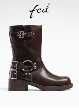 fed厚底短靴秋季新款女靴工装靴机车靴棕色皮靴女款R0904-ZCA205