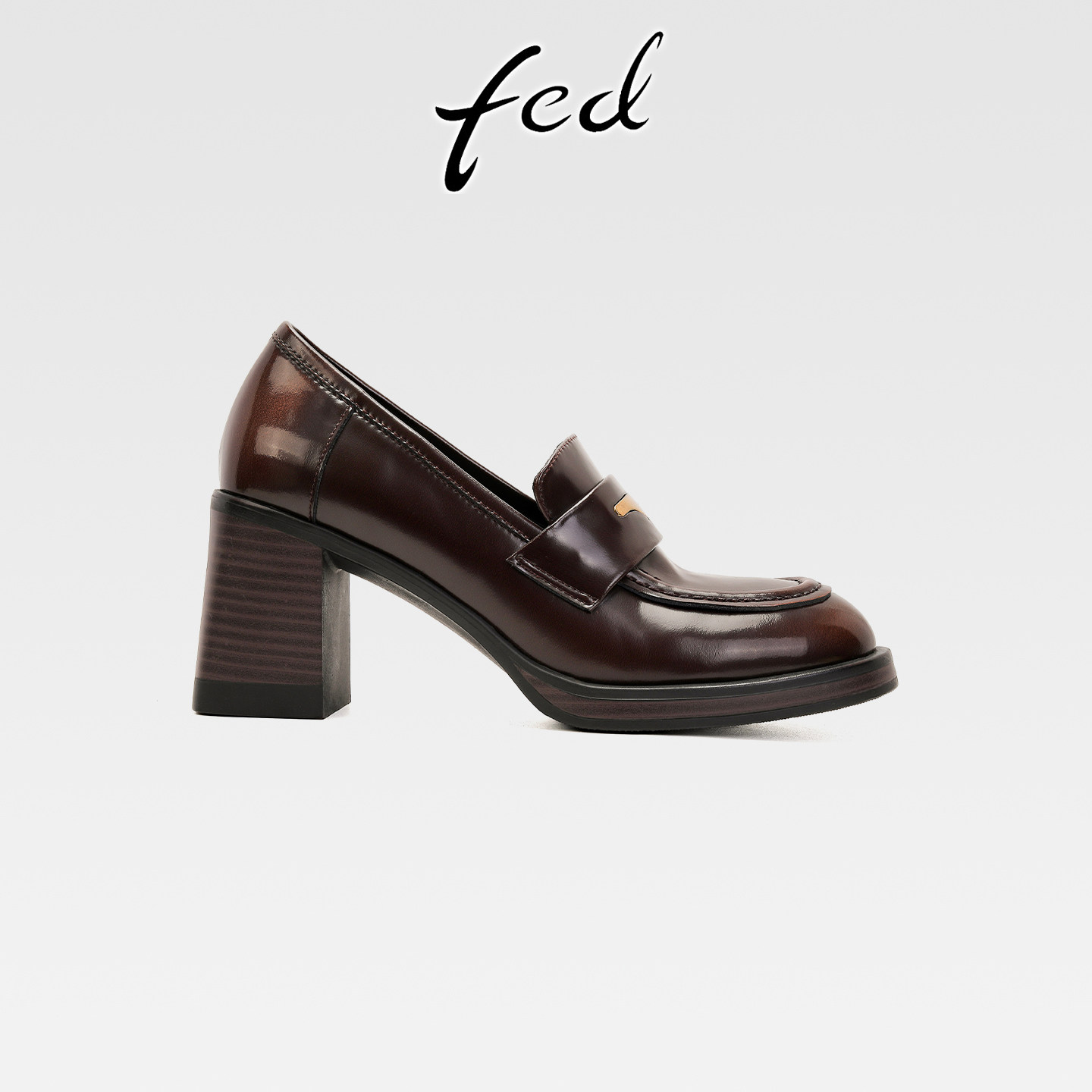 fed真皮粗跟厚底乐福鞋女复古擦色金属扣小皮鞋圆头高跟深口单鞋