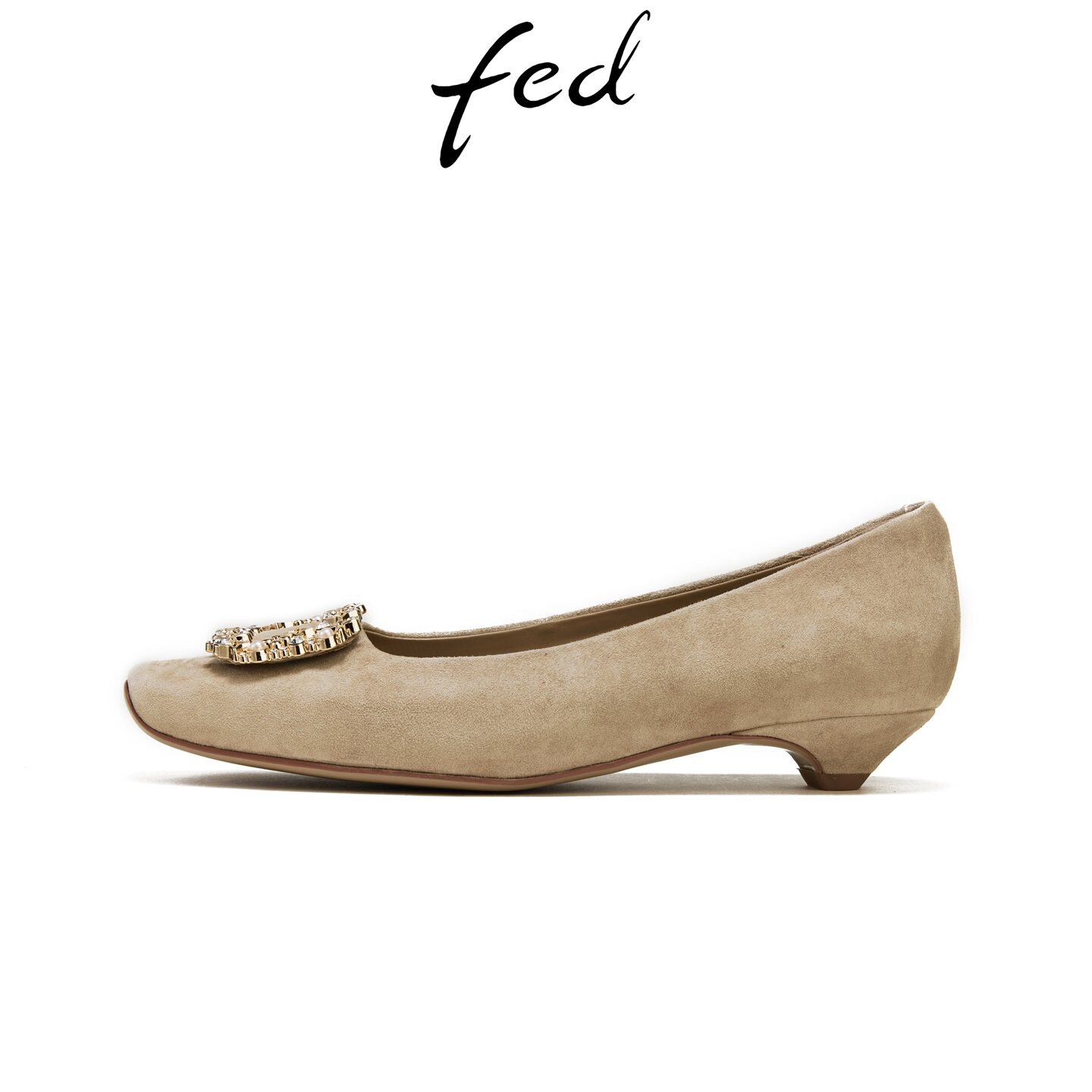 fed杏色浅口单鞋春季新款时尚真皮方头单鞋水钻一脚蹬休闲鞋女S