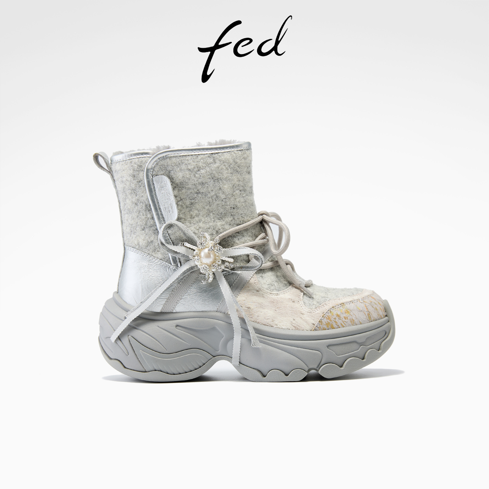 fed厚底时装靴冬季新款女靴银色短靴加绒休闲靴女款S0930-YAB139