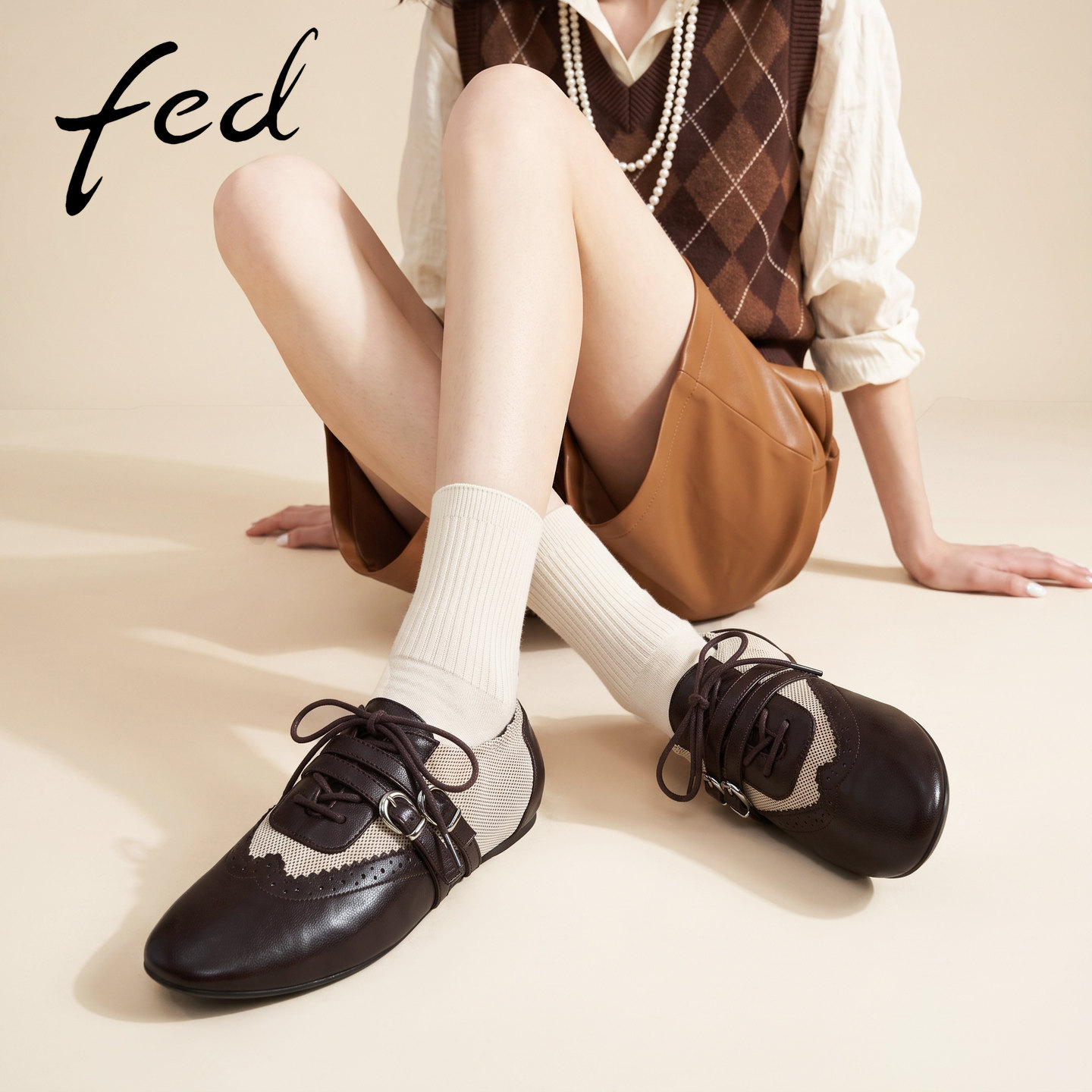 fed复古布洛克小皮鞋女