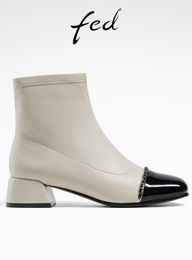 fed瘦瘦靴秋季新款女靴时装靴拼色短靴粗跟皮靴女款R0904-ZCA273