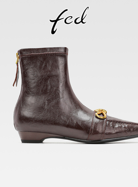 fed复古真皮坡跟蝴蝶结弹力瘦瘦靴女秋冬新款后拉链低跟方头短靴