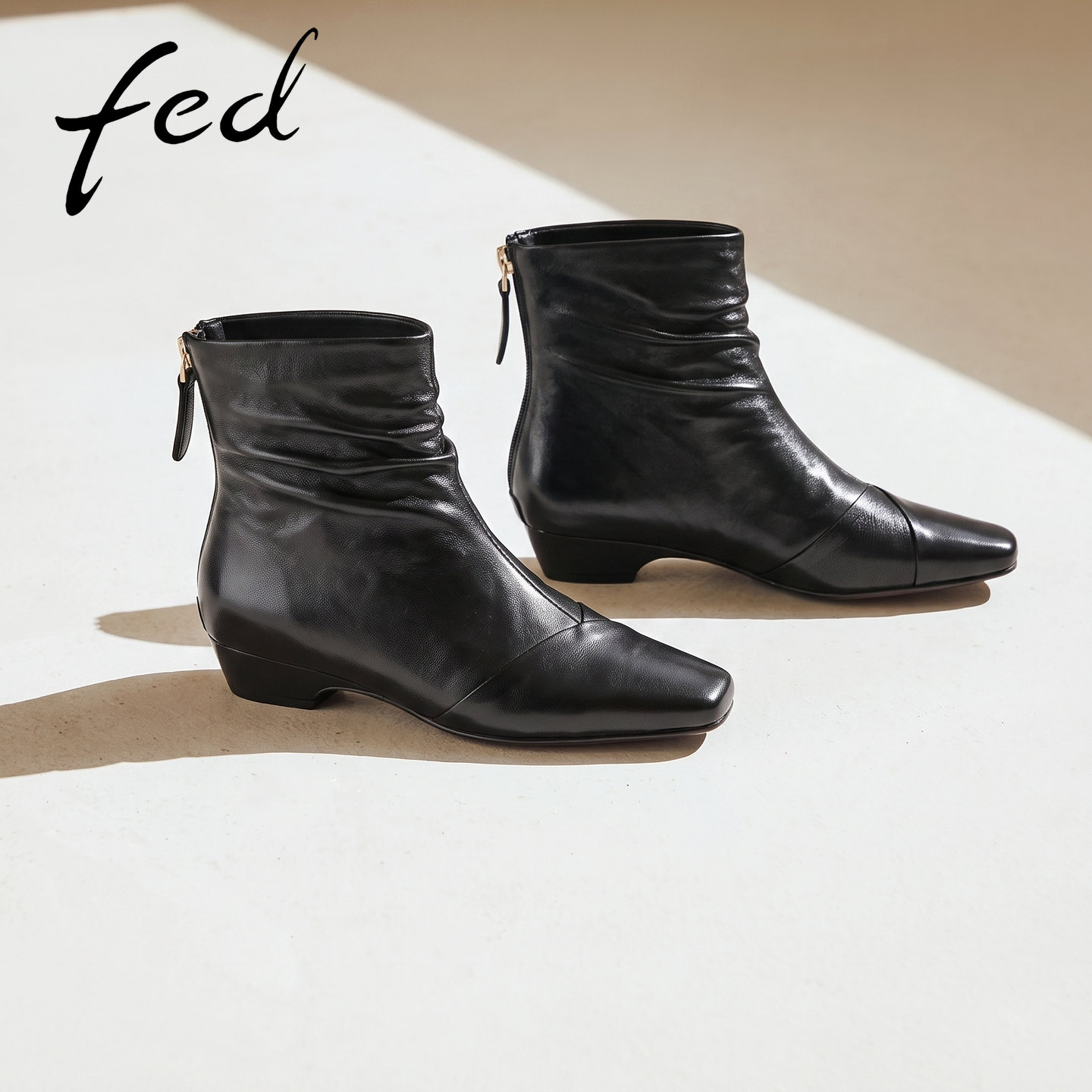 fed方头粗跟瘦瘦西部女短靴