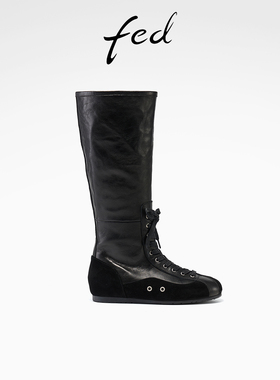 fed平底拳击靴冬季新款女靴拼接长靴真皮骑士靴高筒靴女款FLG131