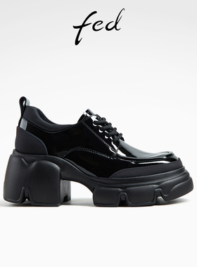 fed英伦风小皮鞋秋季新款女鞋黑色牛津鞋粗跟单鞋女款D0903-YA163
