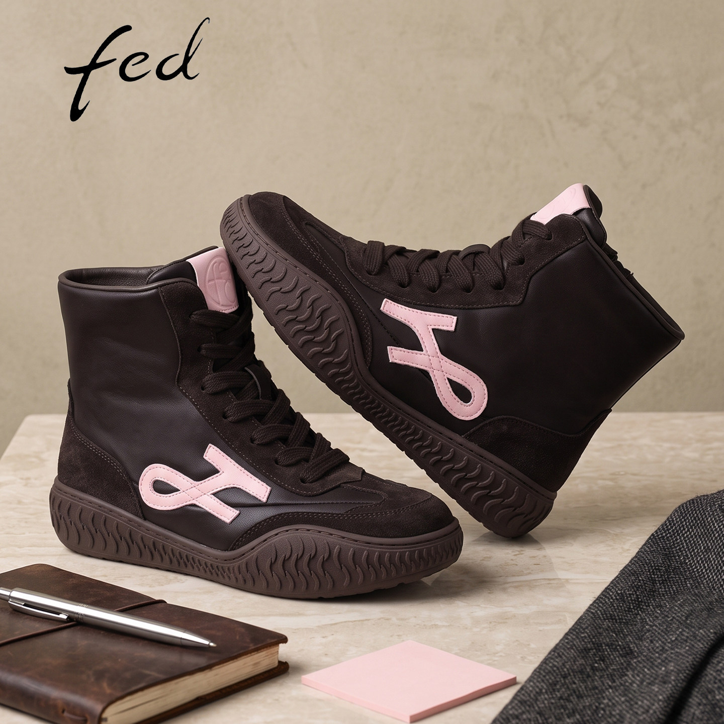 fed真皮增高系带拳击短靴女