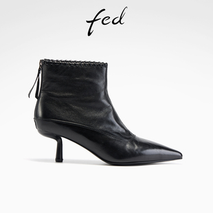 S1031 fed高跟短靴女冬季 靴黑色真皮靴女款 女靴尖头时装 ZC228 新款