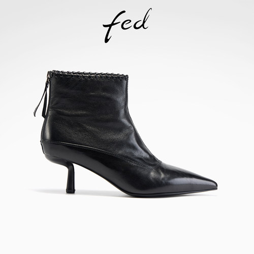 fed高跟短靴女冬季新款女靴尖头时装靴黑色真皮靴女款S1031-ZC228