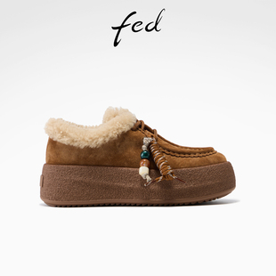 女鞋 休闲单鞋 复古厚底鞋 fed加绒袋鼠鞋 S1022 新款 女款 YA199 女冬季