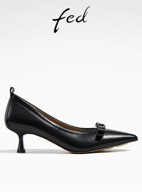fed尖头单鞋春季新款女鞋中跟高跟鞋一脚蹬真皮鞋女款D0316-ZC216