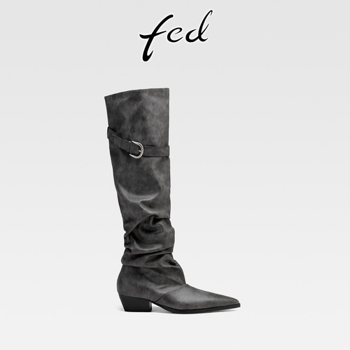 fed复古风尖头粗跟过膝长靴女款