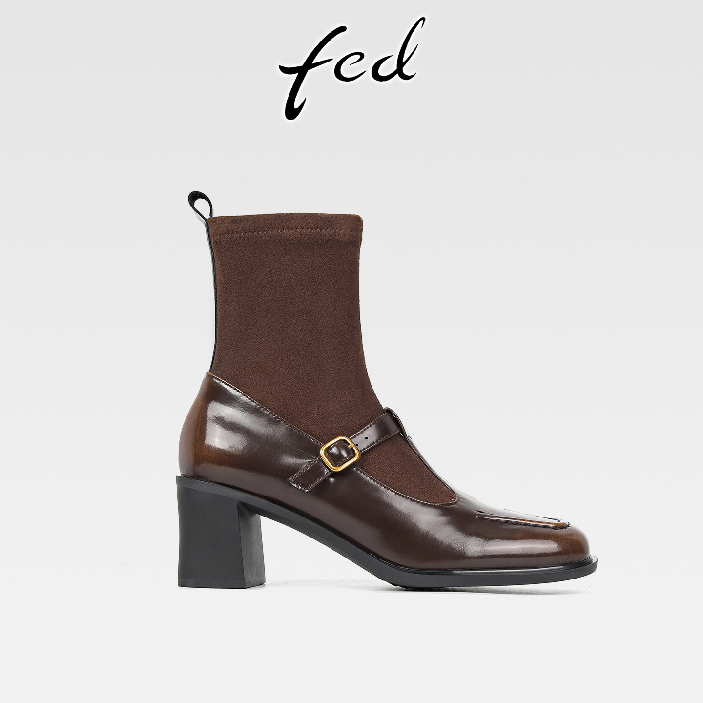 fed法式真皮粗跟拼接绒面弹力瘦瘦靴女春秋单靴气质方头高跟短靴