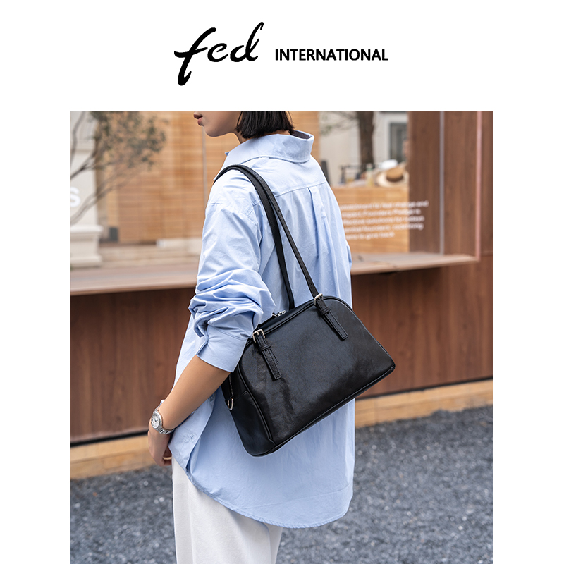 fed植鞣头层牛皮真皮女包斜挎包单肩包休闲大容量波士顿包BFA9264