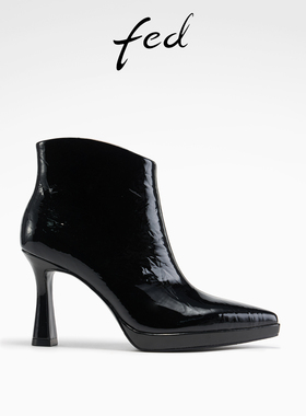 fed漆皮时装靴女冬季新款女靴尖头短靴细跟真皮靴女款S1104-YA069