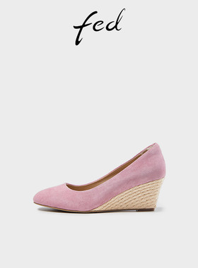 fed坡跟高跟鞋2023年春季新款女鞋浅口法式粉色单鞋R0225-YAC030