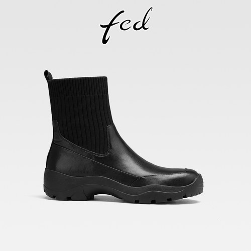 fed真皮复古针织弹力瘦瘦袜靴女