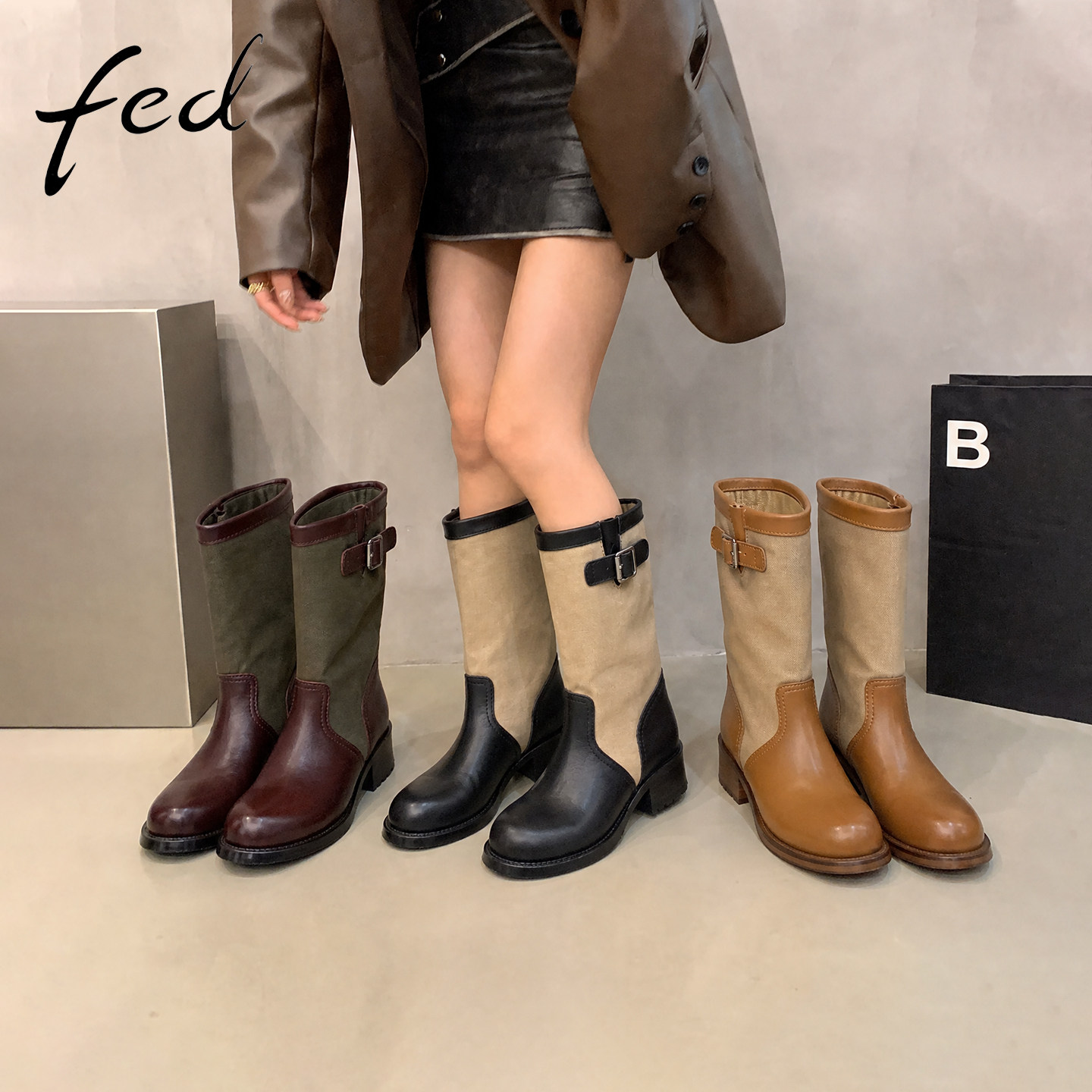 fed牛仔西部靴女秋新款复古女鞋