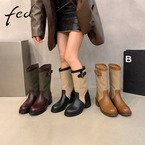 fed牛仔西部靴女秋新款复古女鞋