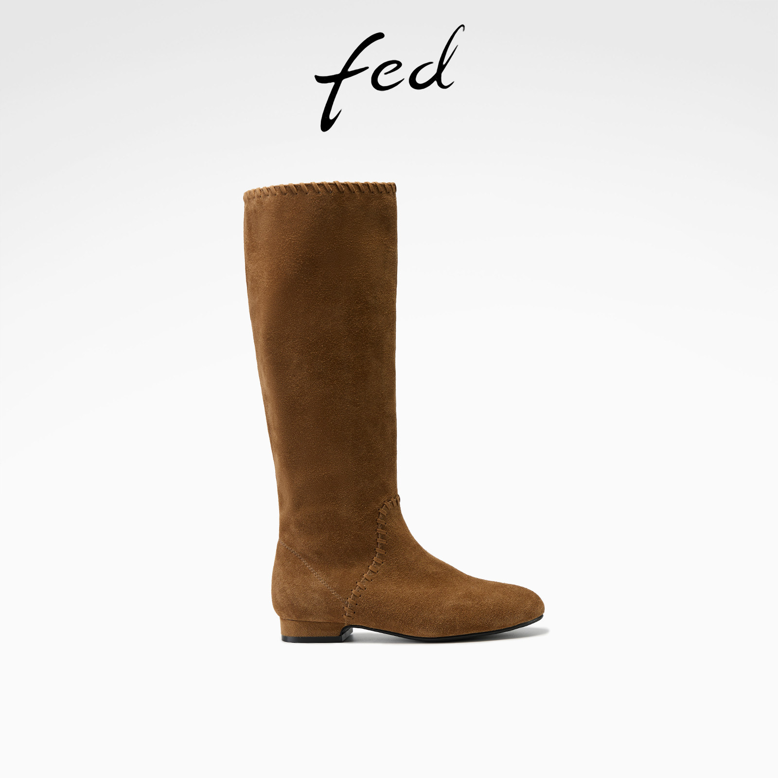 fed卡其绒面堆堆长靴女圆头
