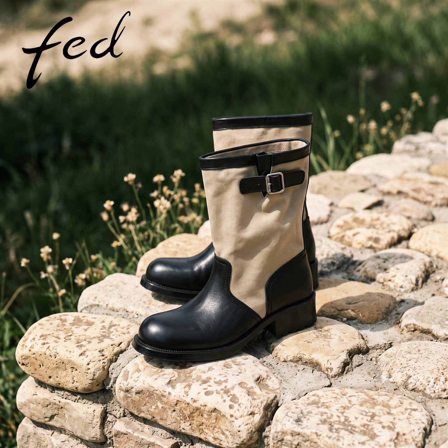 fed黑拼卡其帆布牛皮拼接中筒靴