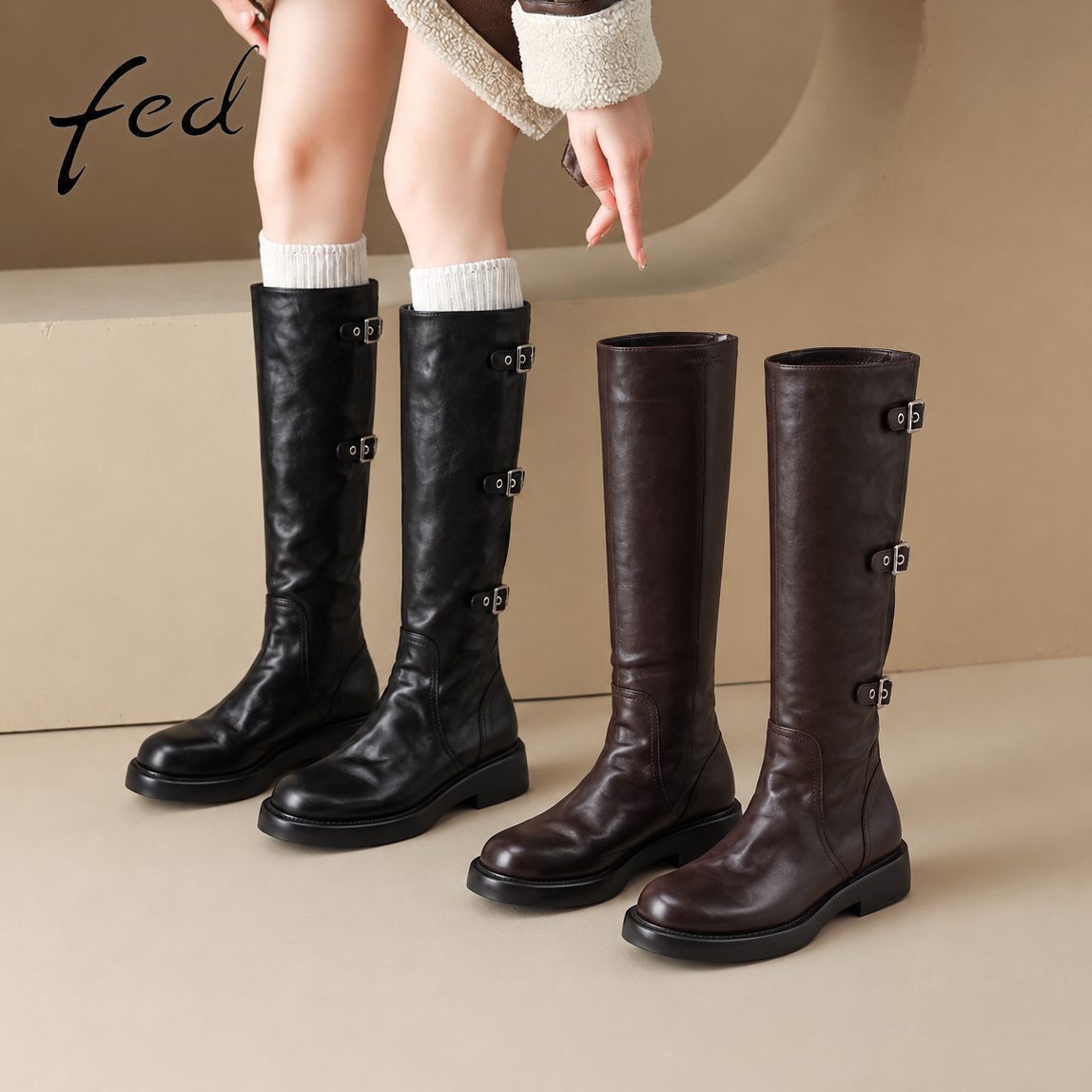 fed牛皮长筒靴女秋季新款女靴