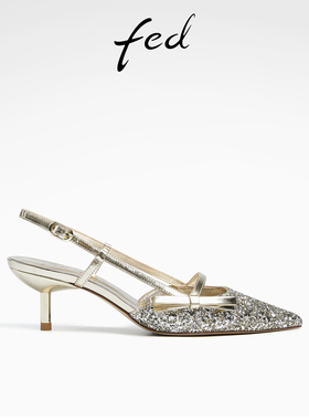 fed尖头高跟鞋夏季新款女鞋后空单鞋气质金色凉鞋女款D0415-YA771