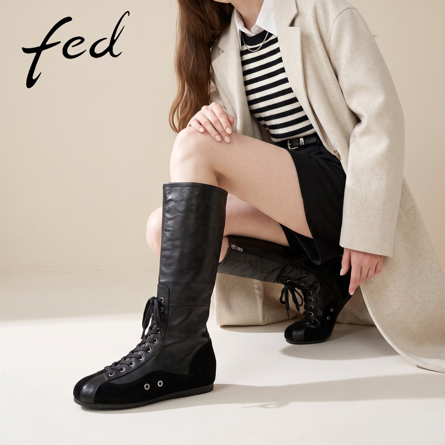 fed黑色系带平底骑士靴女秋冬