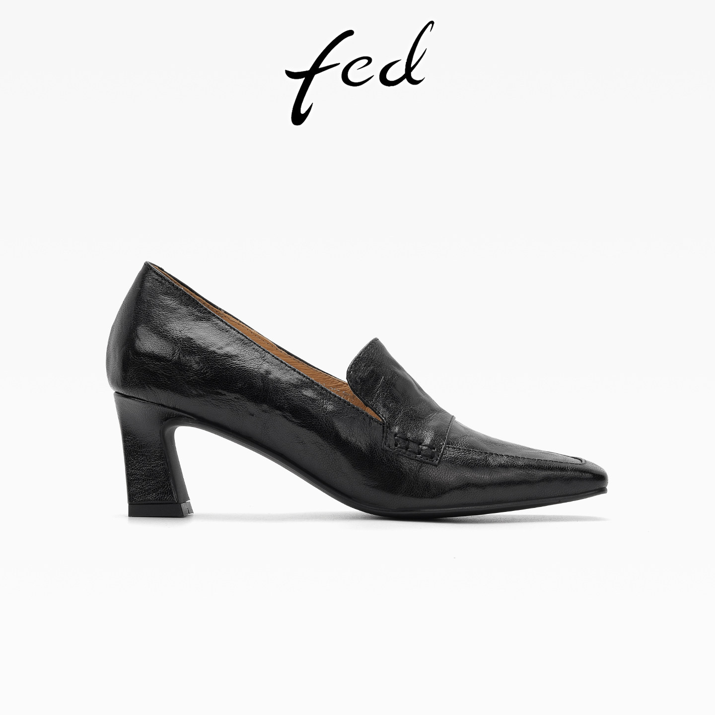 fed黑色手抓纹羊皮中口粗跟单鞋女法式复古方头高跟一脚蹬乐福鞋