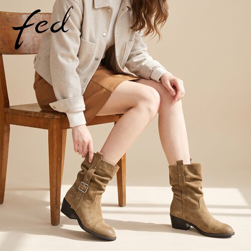 fed卡其堆堆显瘦中筒骑士靴女