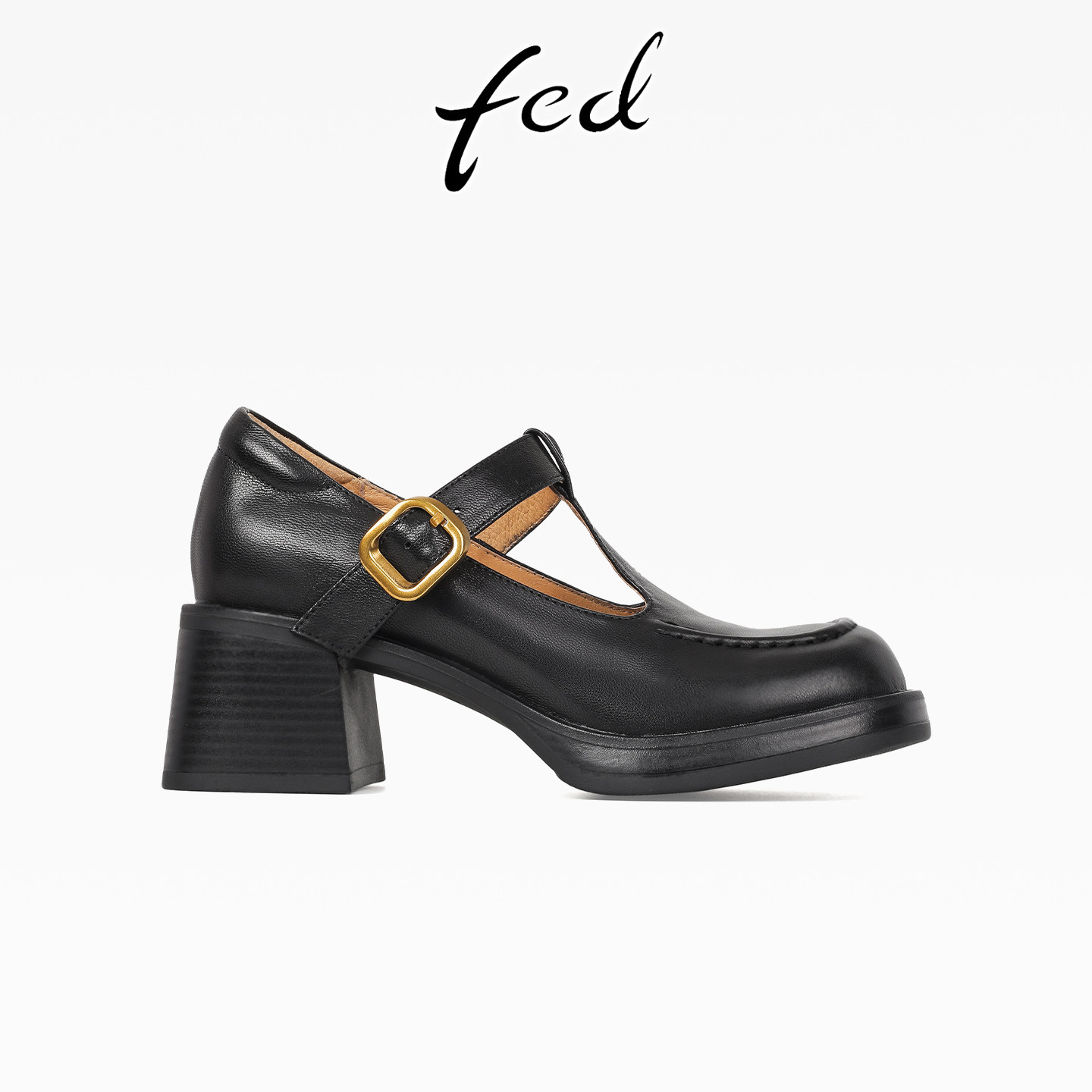 fed黑色圆头粗跟皮鞋中口丁字式扣带玛丽珍鞋新款防水台高跟单鞋