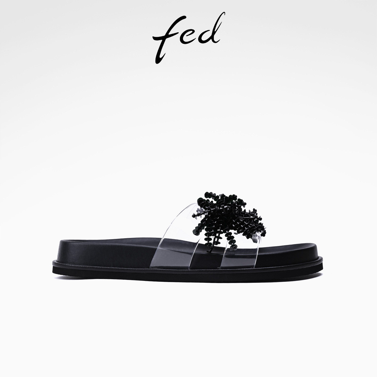 fed黑色串珠花透明一字凉拖女