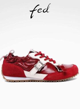 fed红色德训鞋春季新款女鞋装饰扣休闲鞋真皮阿甘鞋S1023-DD0253
